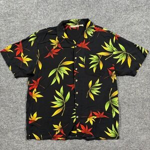 Vintage Sun Casuals Mens Hawaiian Button Up Shirt XL Black Rayon Tropical Floral